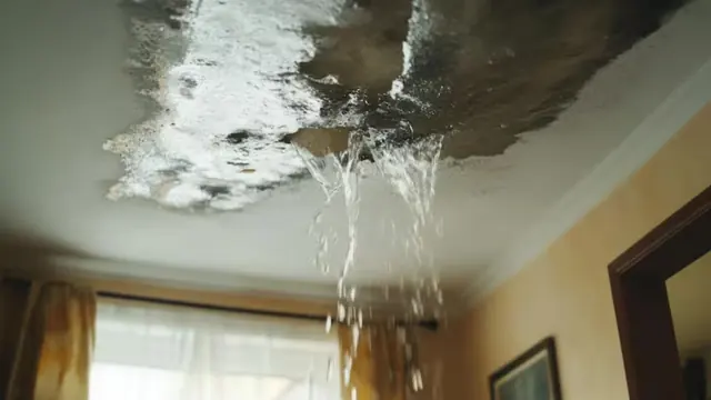Water pouring through a ceiling into a living room