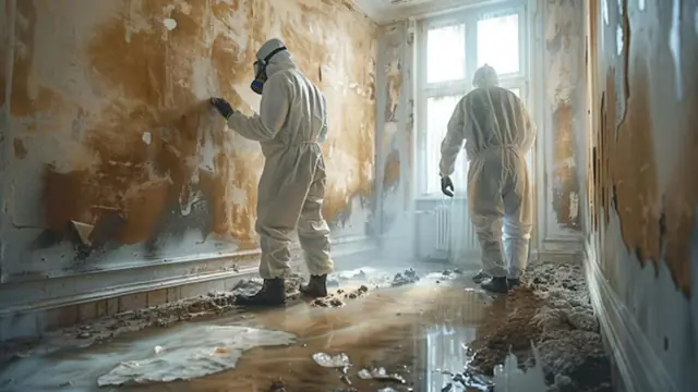 Two workers in protective suits assessing a mold-damaged room