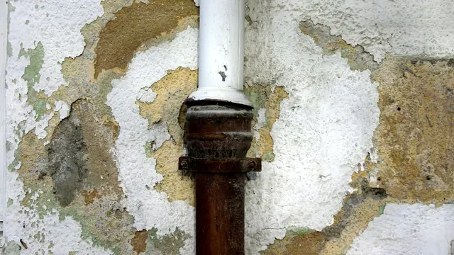 Stained and peeling wall around a pipe, a sign of moisture behind the wall
