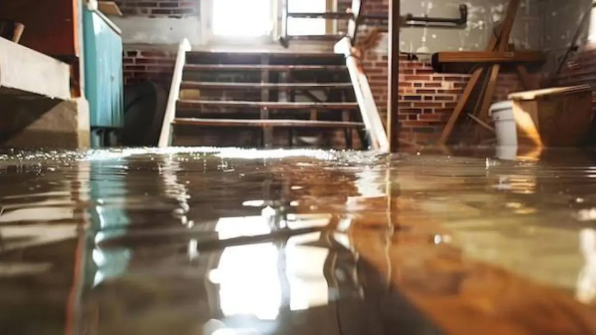 Flood water covering a stairwell and basement floor