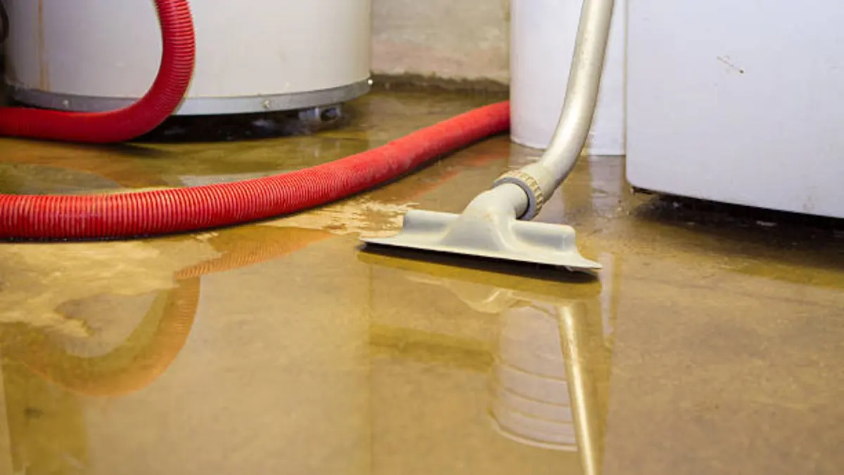 Wet vacuum wand extracting water from a concrete floor