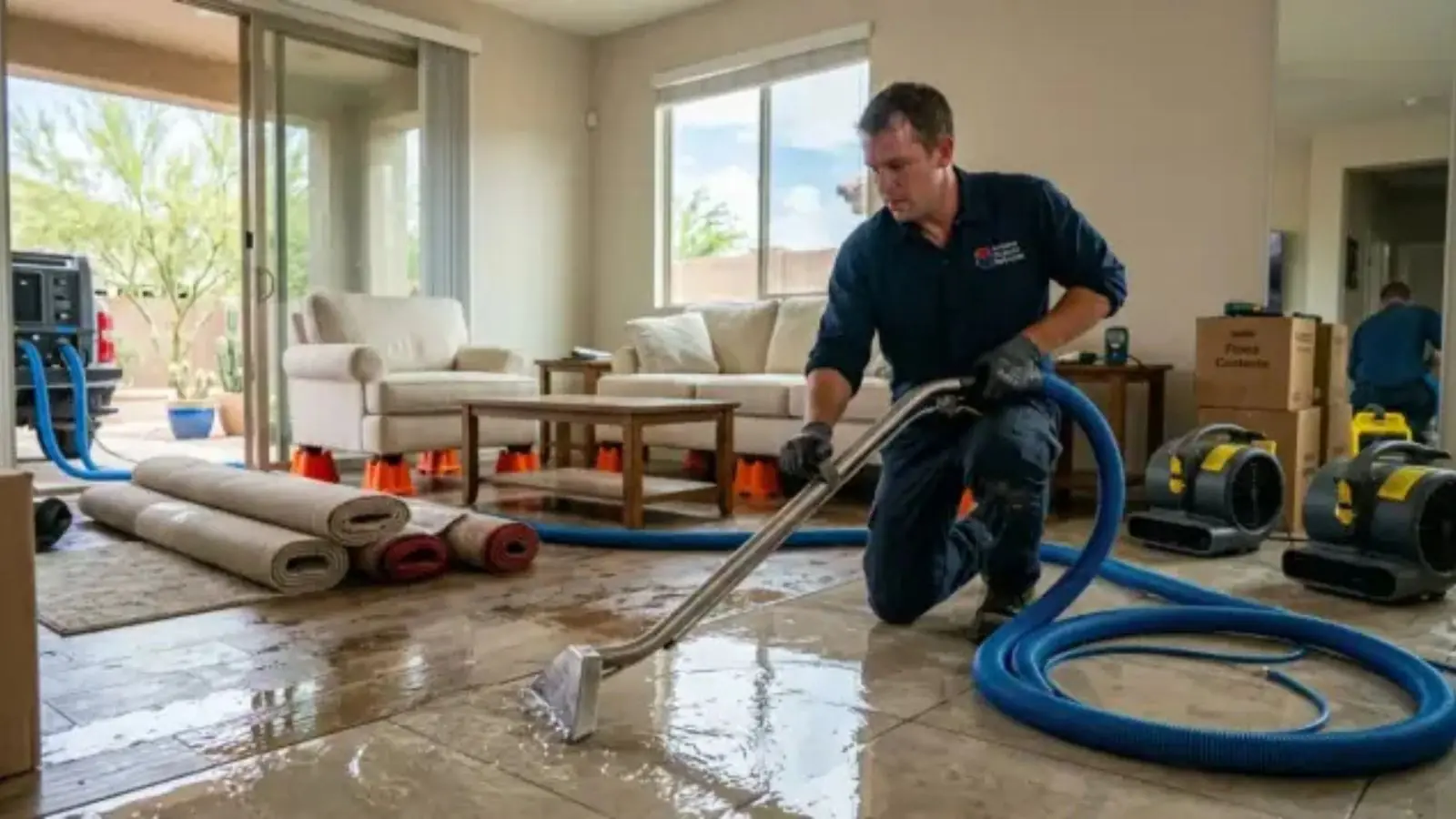 Technician extracting standing water from a living room with a hose and drying equipment