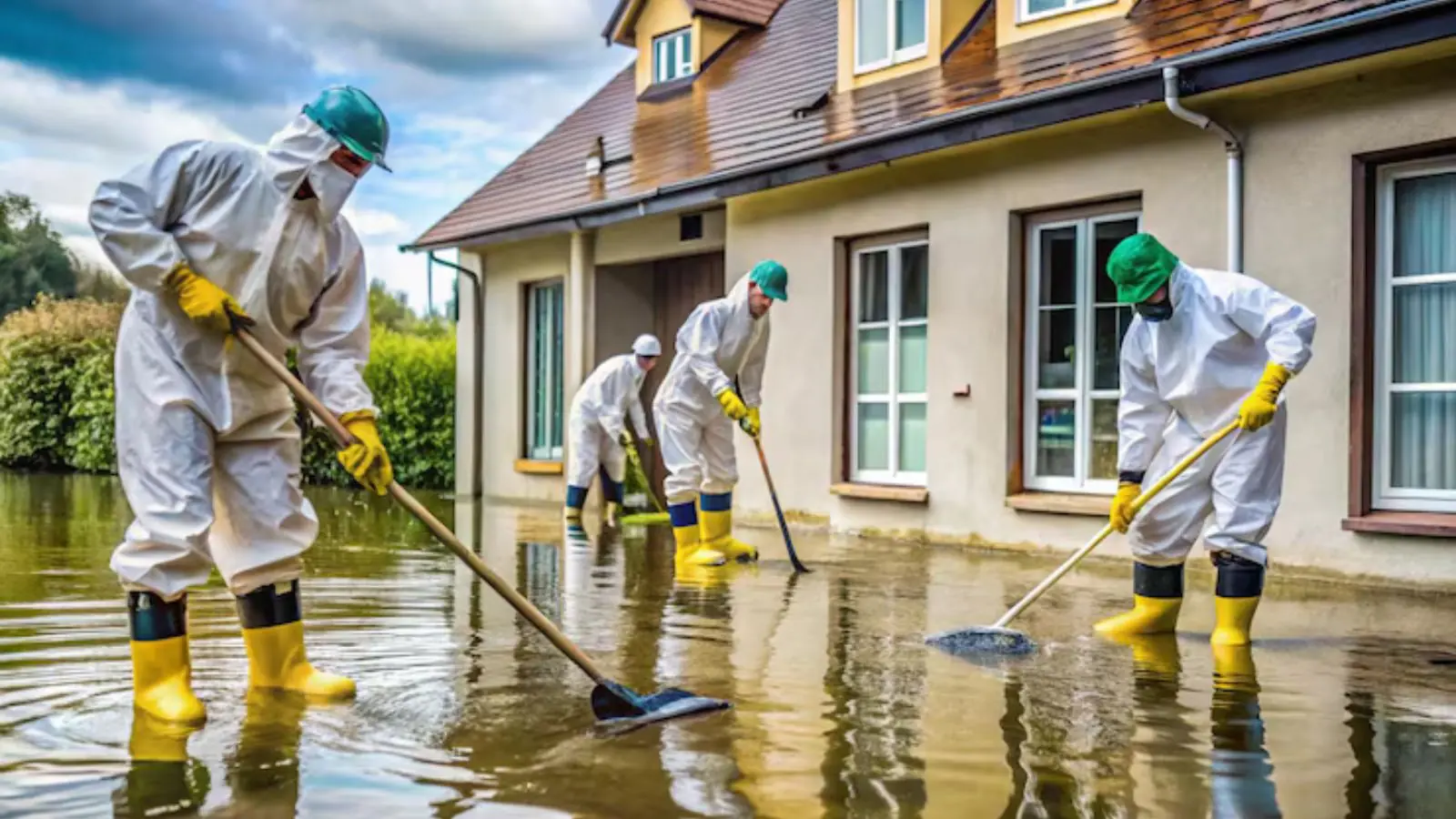 Crew in protective suits and boots cleaning flood water around a house